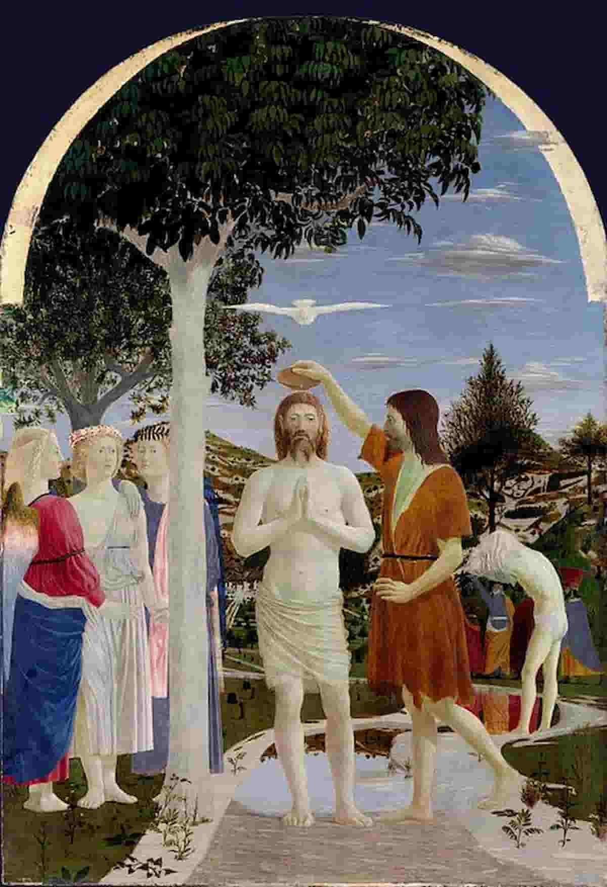 Giovanni battezza Gesù nel dipinto di Piero della Francesca