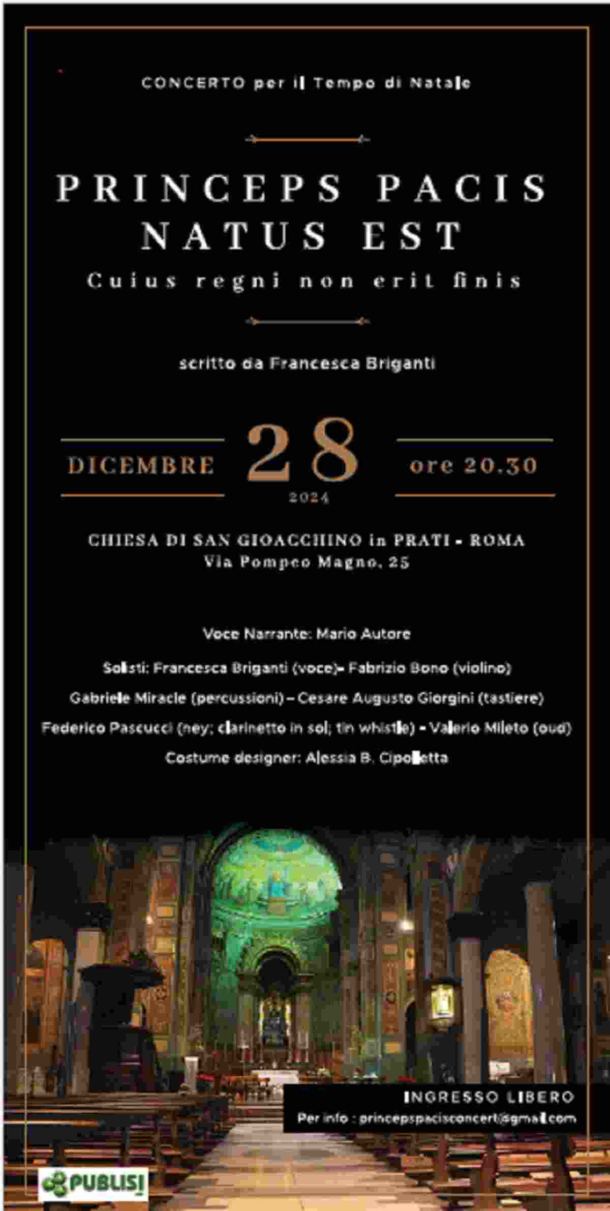 Concerto di Natale Princeps Pacis Natus Est, domenica 28 dicembre a San Gioacchino in Prati a Roma