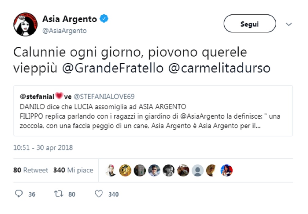 Grande Fratello, Asia Argento annuncia querela contro Filippo Contri