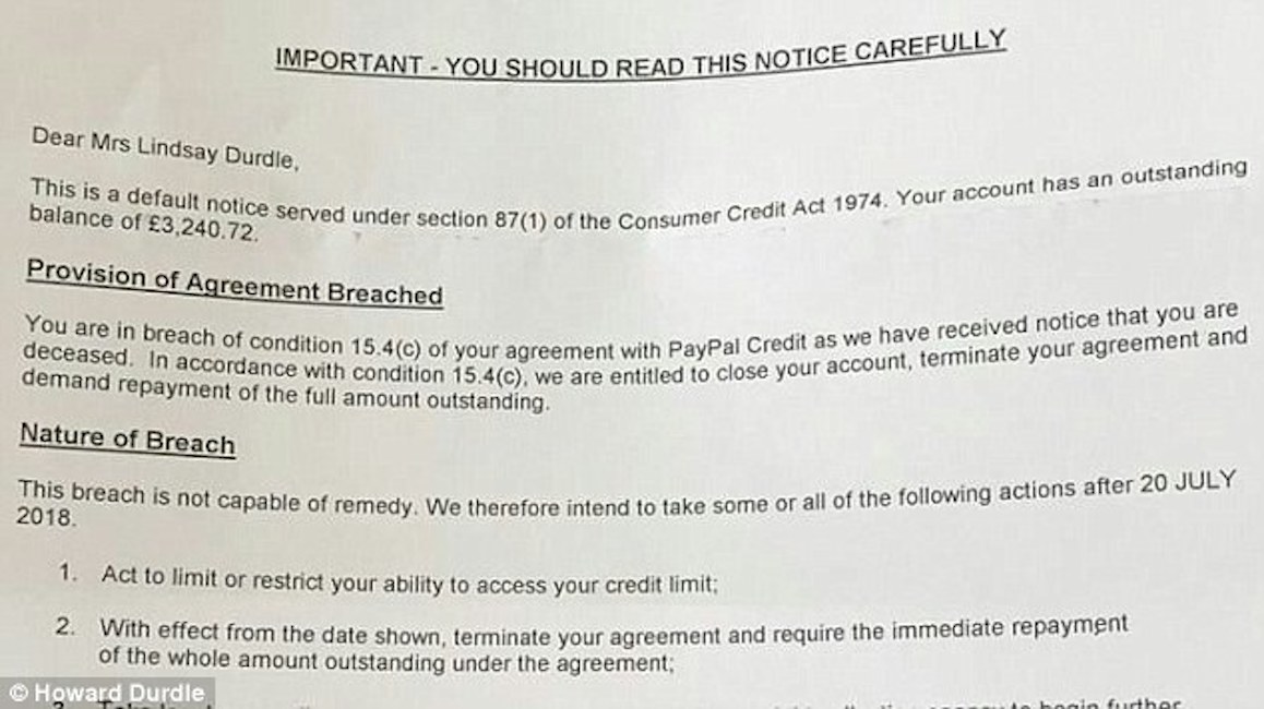 Paypal, lettera choc al vedovo: "La morte di sua moglie viola l'accordo"