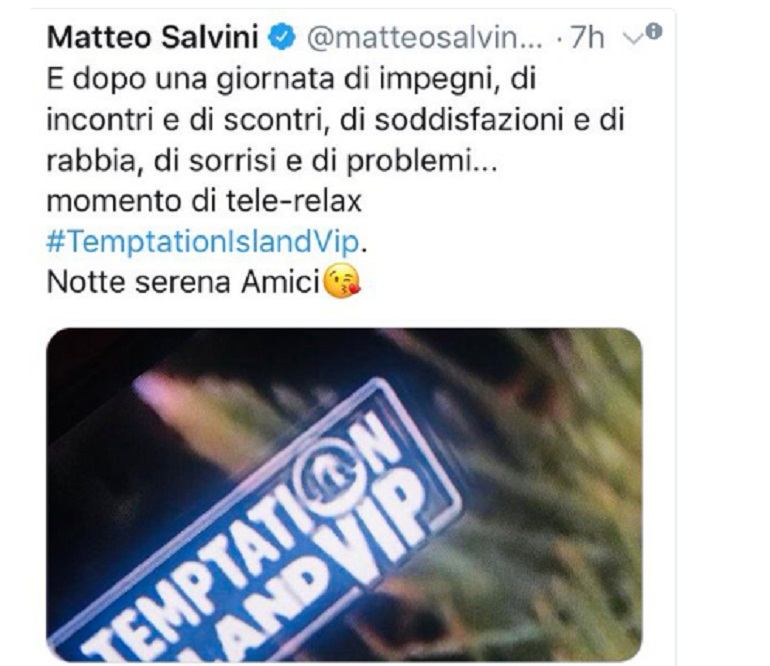 Matteo Salvini: "Ora relax e guardo Temptation Island". Chef Rubio: "Mi preoccupo per te"