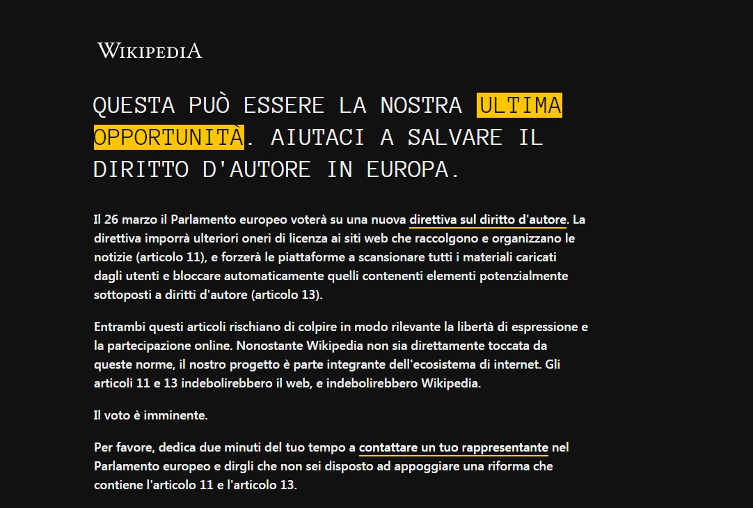 Wikipedia Italia oscura le sue pagine contro la riforma del copyright