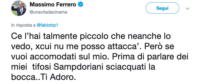 Ferrero litiga con tifoso romanista su Twitter, botta e risposta da censurare