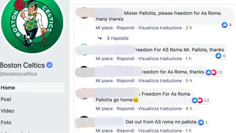 Roma, tifosi contestano Pallotta anche sulla pagina Facebook dei Boston Celtics