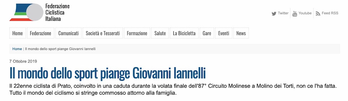 Giovanni Iannelli morto ciclismo caduta volata Prato