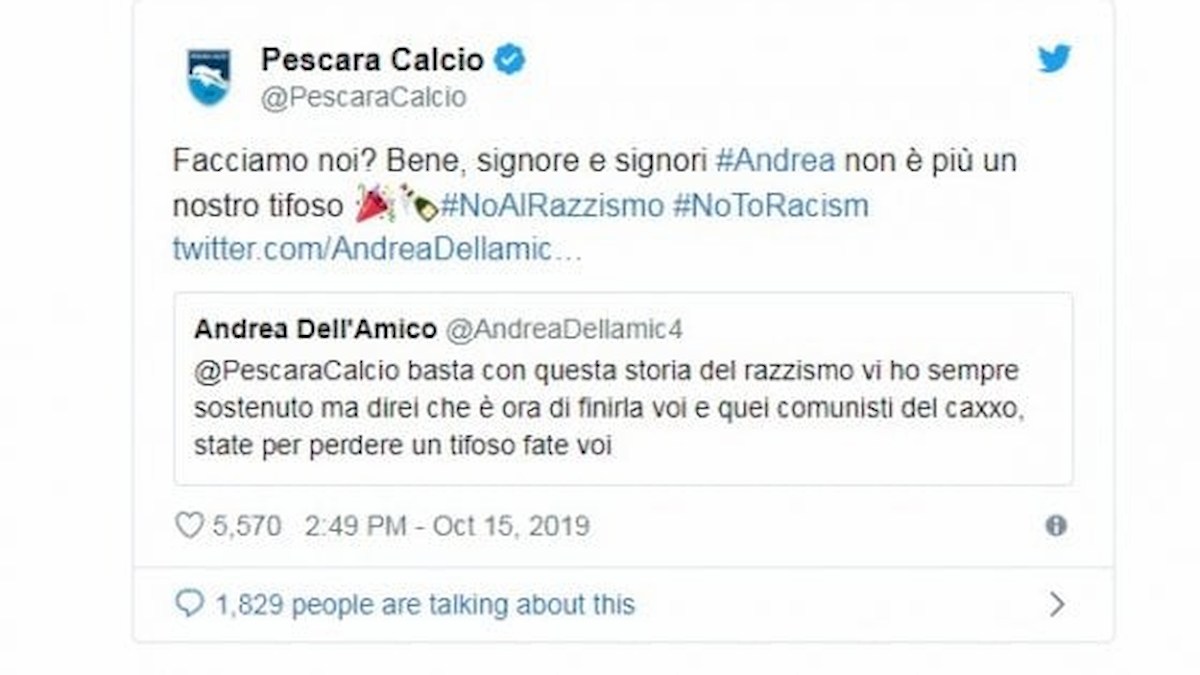 Pescara cancella tifoso razzista Twitter applausi mondo del calcio