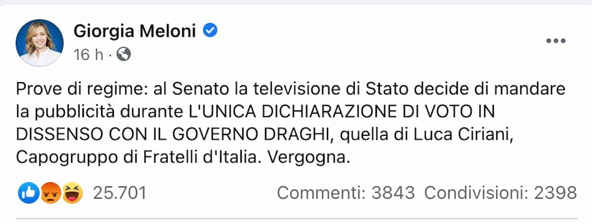 Giorgia Meloni: "Rai censura FdI: prove di regime durante l'intervento anti Draghi di Ciriani"