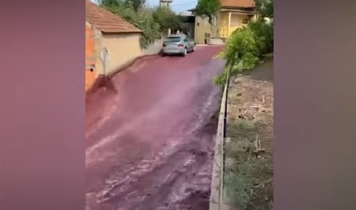 Esplodono due cisterne, le strade del paese inondate di... vino rosso. Un frame del video