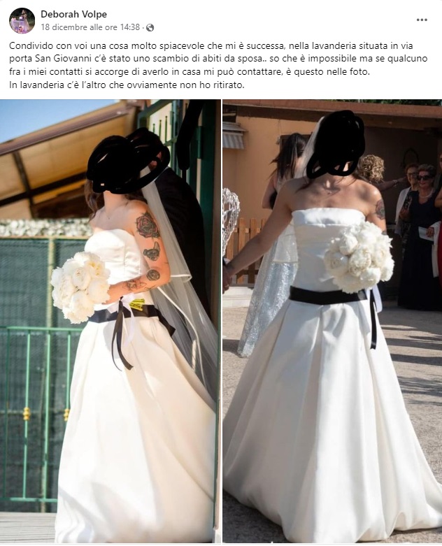 l'appello Social di Deborah per ritrovare il suo abito da sposa