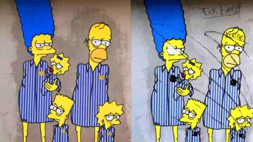 "W Hitler" e "Fuck Israele": sfregiata a Milano l'opera dei Simpson ebrei deportati ad Auschwitz