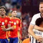 Il giocatarore della Spagna Yamal da un lato e Harry Kane dell'Inghilterra dall'altro