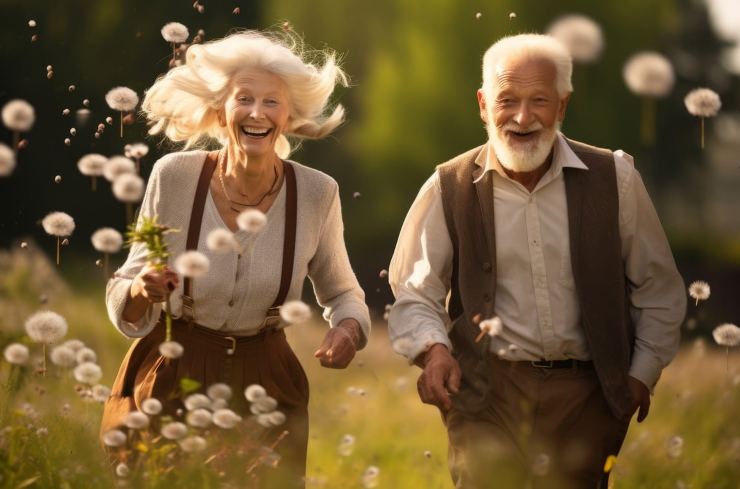 Due anziani che corrono felici