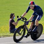 Filippo Ganna in bicicletta in una foto d'archivio, sua la prima medaglia alle olimpiadi