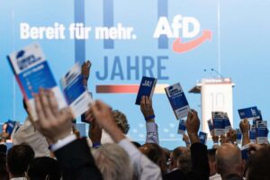 Mani agitate e libretti di slogan a un comizio Afd in Germania