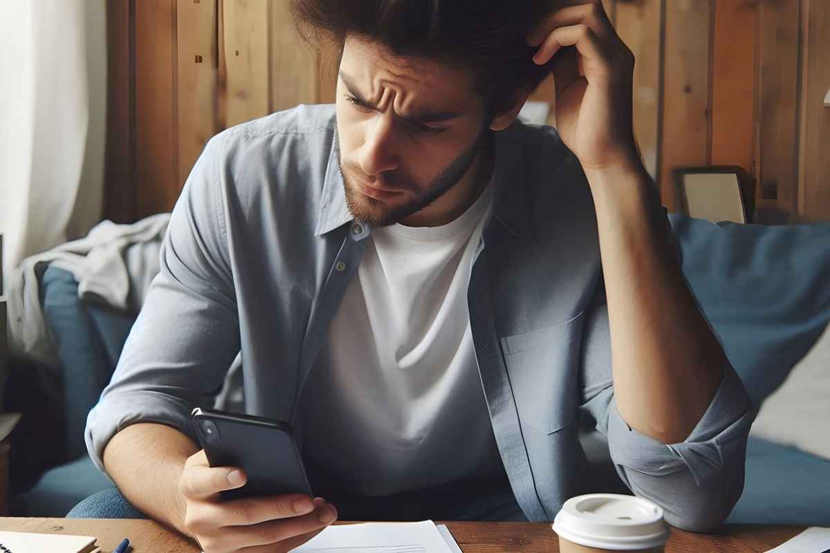 Ragazzo preoccupato guarda il telefono