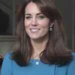 Kate Middleton in una foto di qualche nno fa, golfino azzurro, sorridente