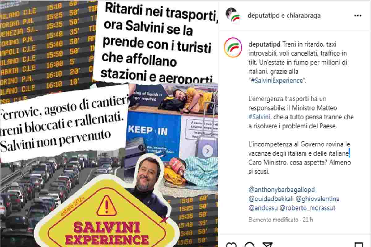 Treni in ritardo, voli cancellati, traffico e taxi: Pd lancia hashtag #SalviniExperience" per denunciare i disagi (foto Instagram) - Blitz Quotidiano