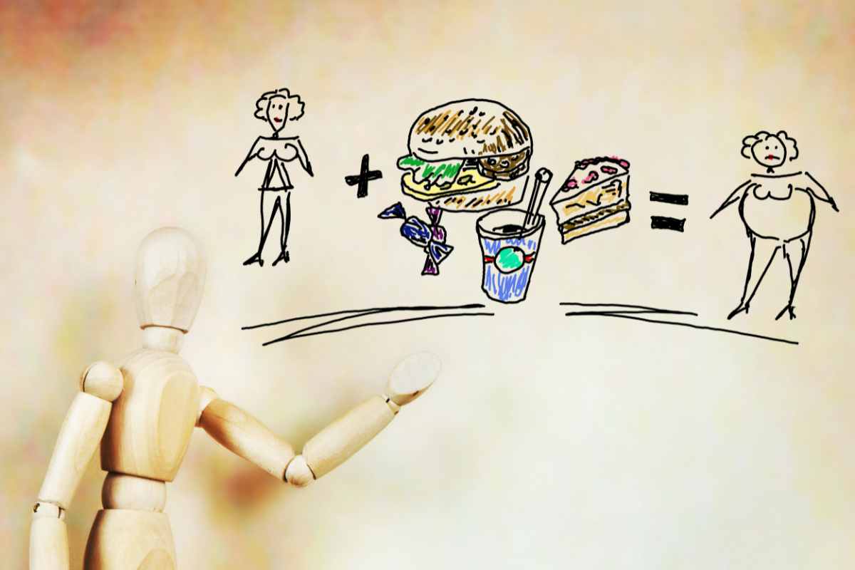 concetto di dieta, disegno con figura umana normopeso, junk food e figura umana grassa