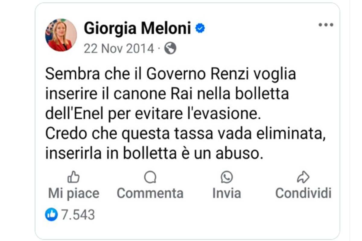 Il tweet di Giorgia Meloni sul canone RAI