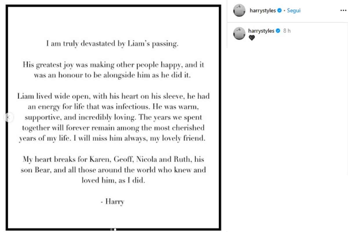 Harry Styles ricorda Liam Payne su Instagram