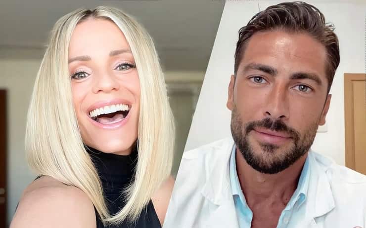 michelle hunziker sorride e giovanni angiolini con il camice