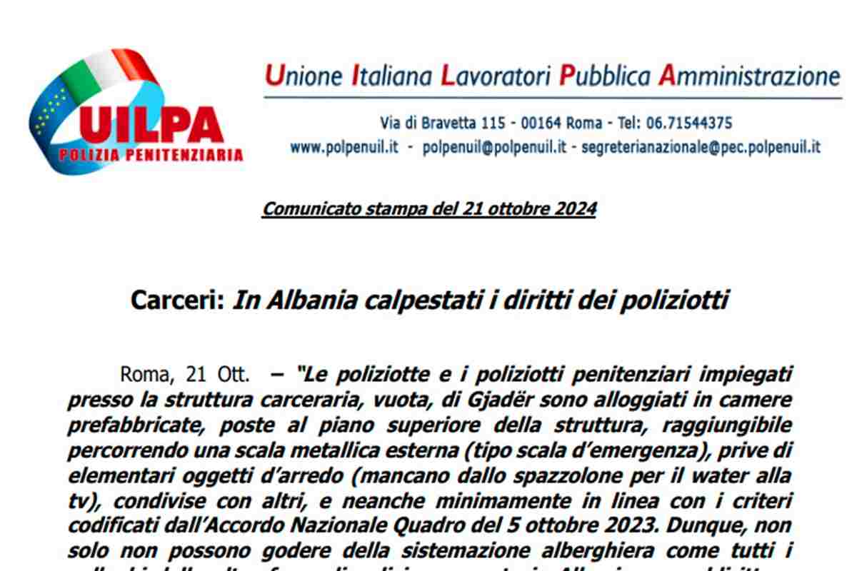 La nota del sindacato della polizia penitenziaria sulle condizioni di lavoro nel centro in Albania