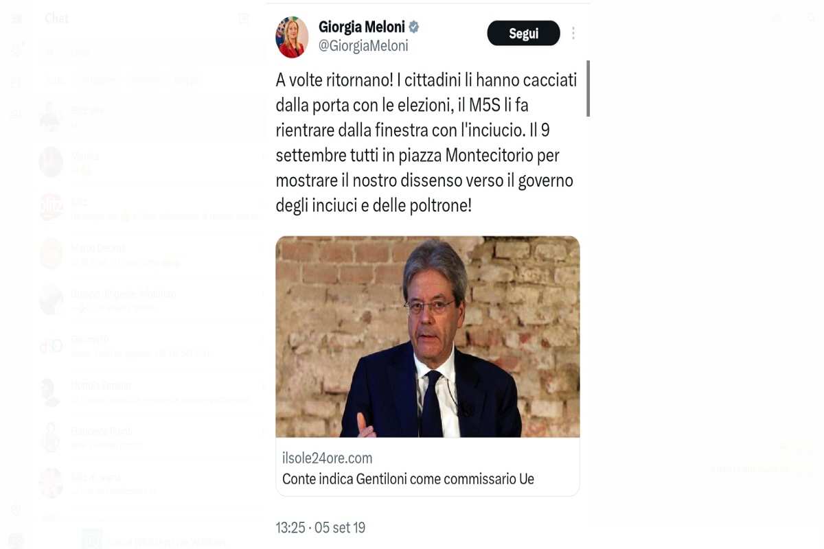 Il tweet in cui la Meloni dice di non votare Gentiloni