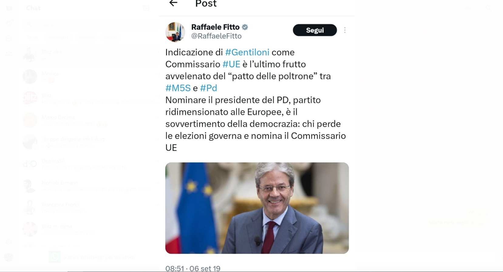 Il tweet in cui Fitto dice di non votare Gentiloni