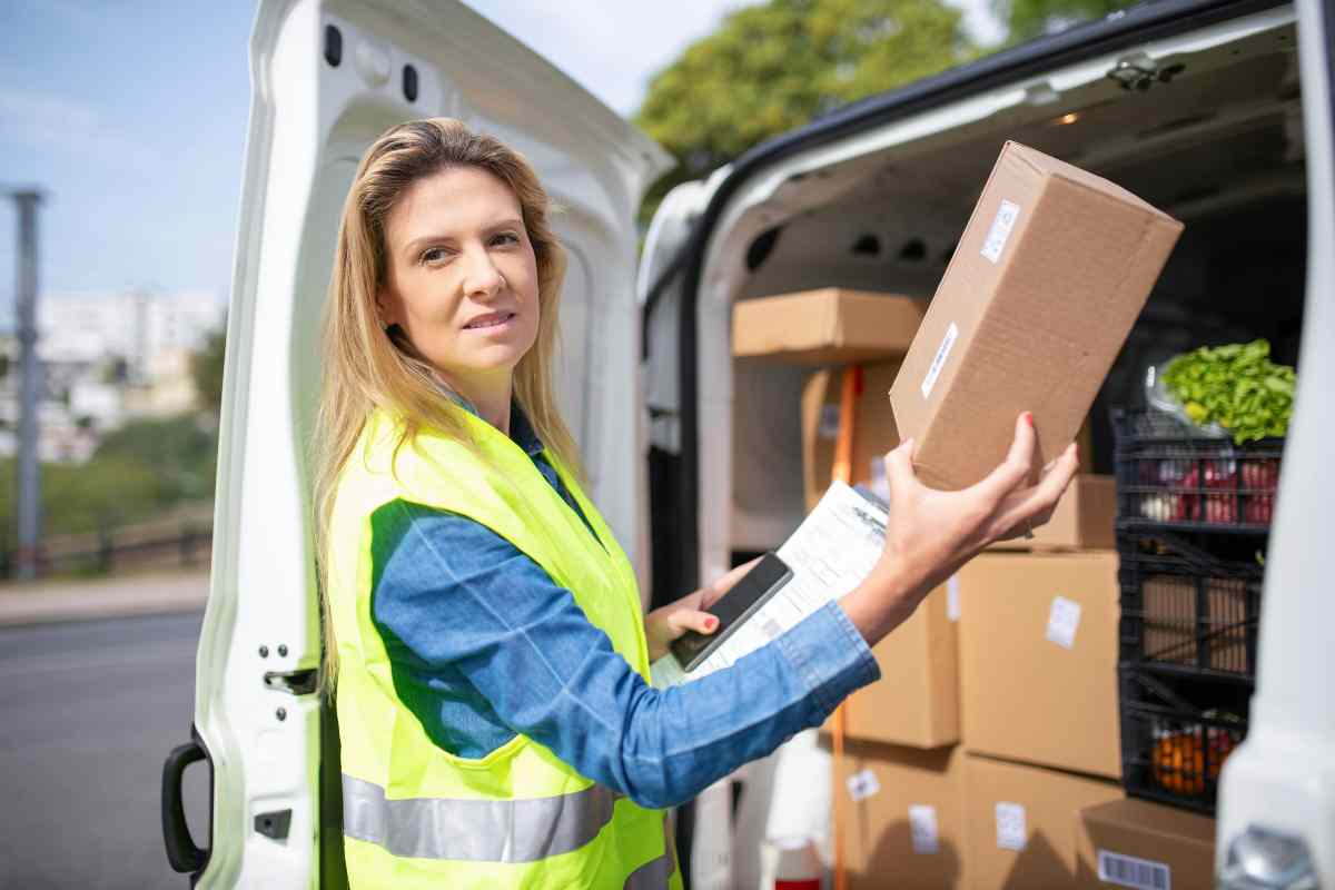 Una postina con dei pacchi nel camion