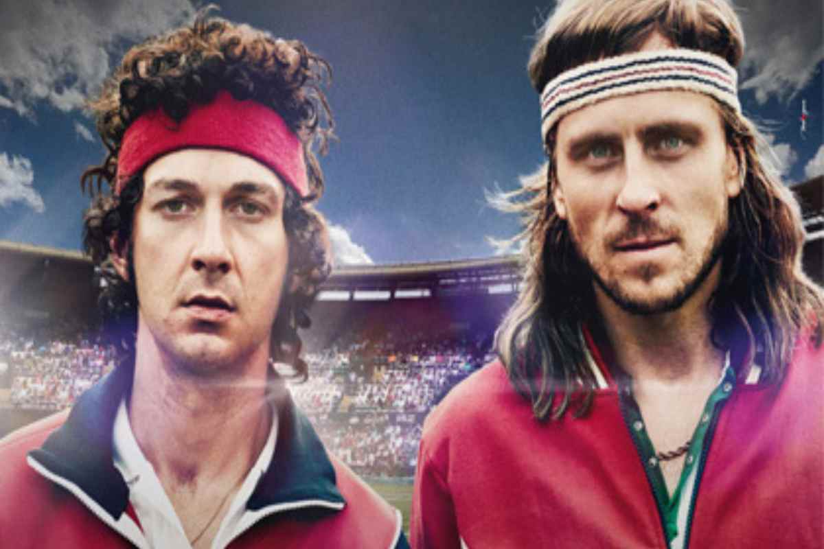 Gli attori Shia LaBeouf e Sverrir Gudnason sulla locandina del film Borg McEnroe