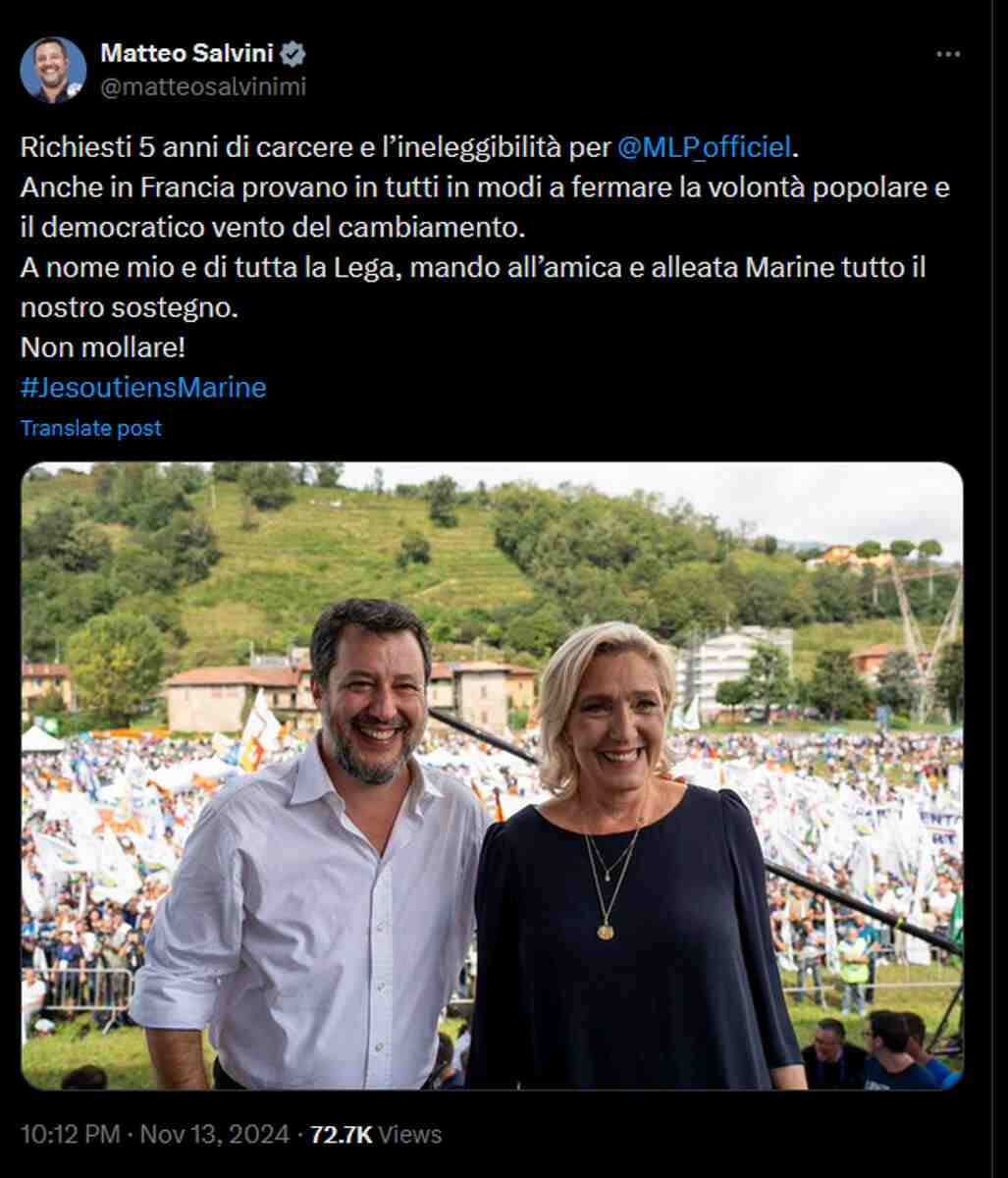 Salvini in sostegno di Le Pen su X