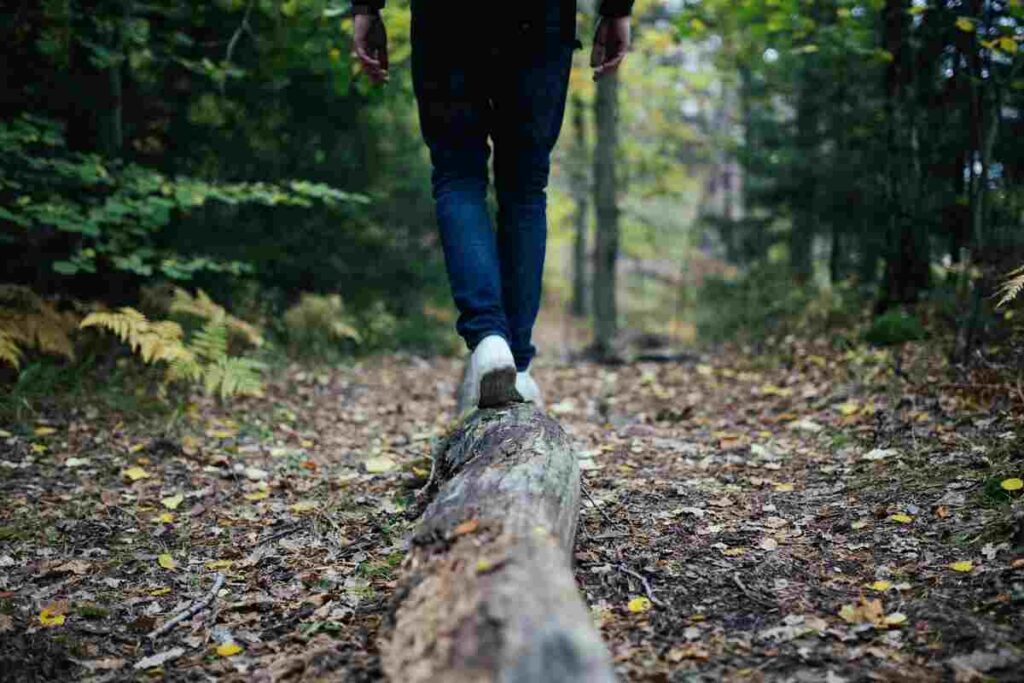 una persona è in equilibrio su un albero