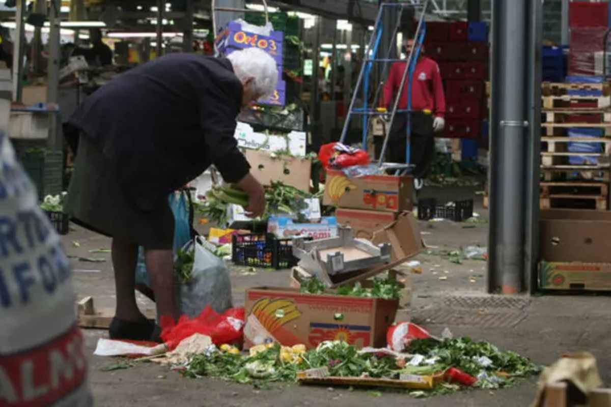 anziana raccoglie degli scarti alimentari da terra