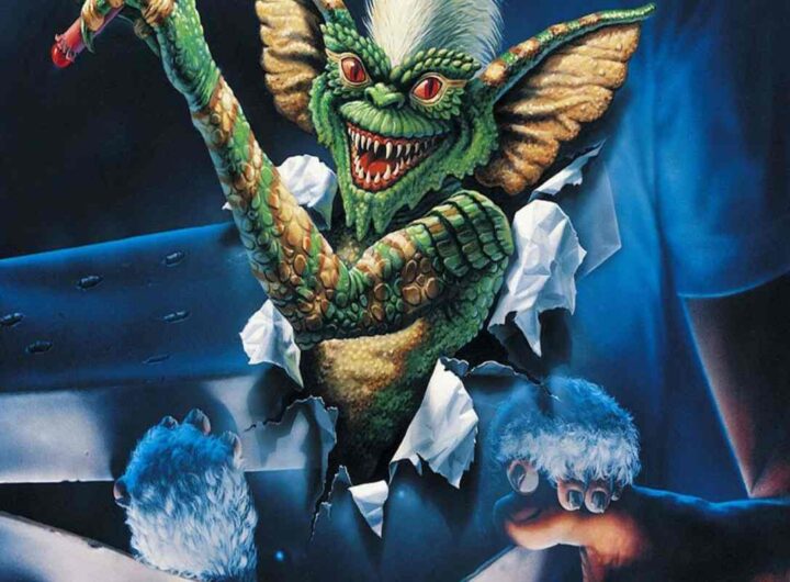 La locandina del film Gremlins, di Joe Dante, con l'iconico mostriciattolo in evidenza