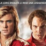 Gli attori Chris Hemsworth e Daniel Brühl nella locandina del film Rush, di Ron Howard