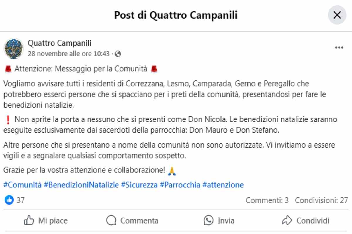 Il post del prete che avverte della truffa delle finte 