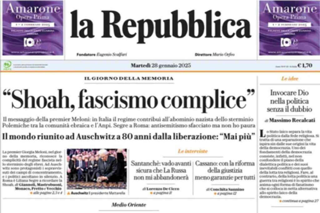 La prima pagina di oggi di Repubblica