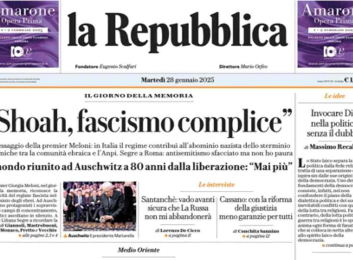 La prima pagina di oggi di Repubblica