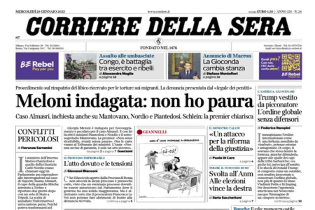 La prima pagina di oggi del Corriere della Sera