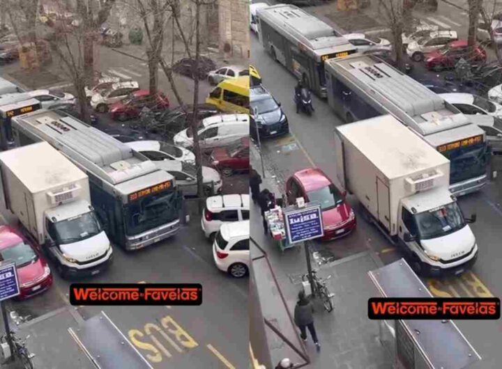 Un frame del video del furgone in doppia fila che paralizza il traffico a Roma