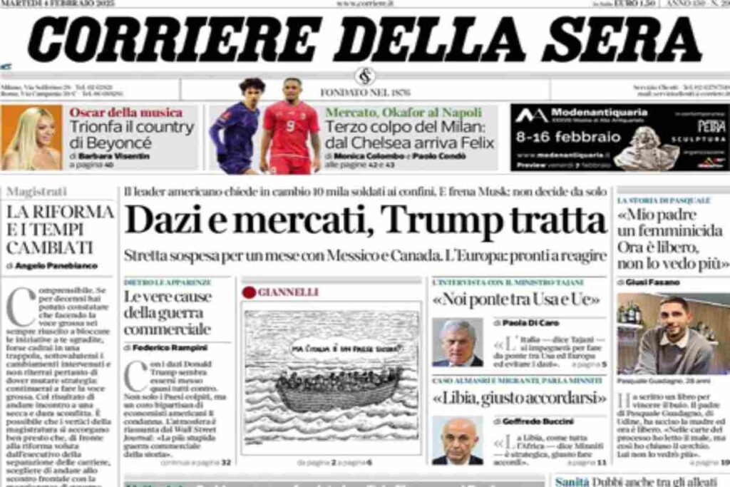 Il Corriere della Sera, la prima pagina di oggi