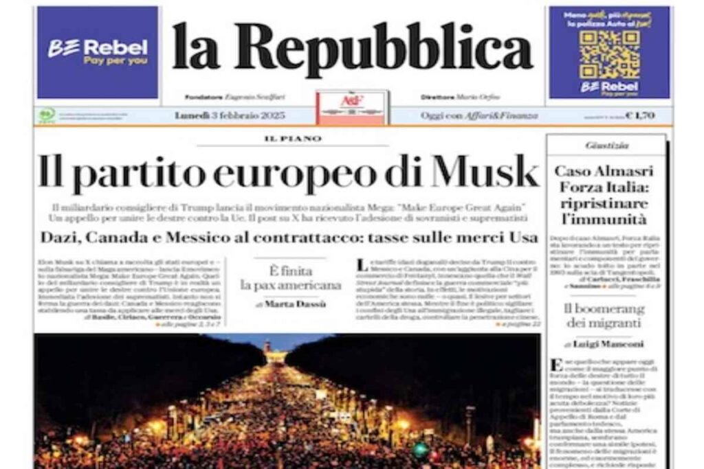 La prima pagina di oggi di Repubblica