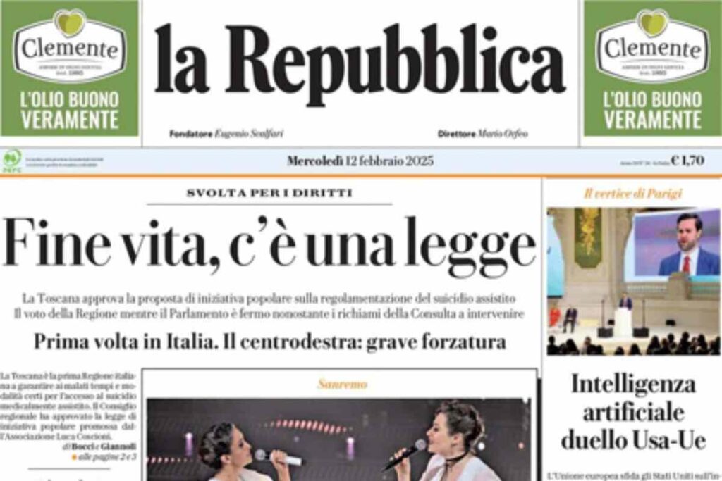 Repubblica, la prima pagina di oggi