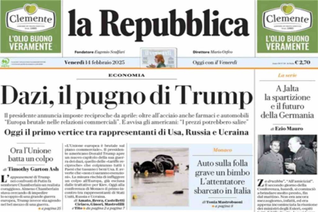 La Repubblica, la prima pagina di oggi