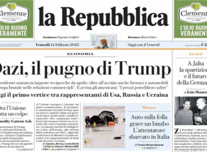 La Repubblica, la prima pagina di oggi