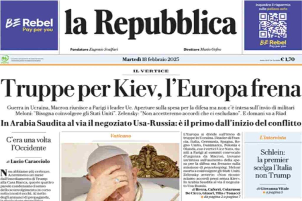 La Repubblica, prima pagina di oggi