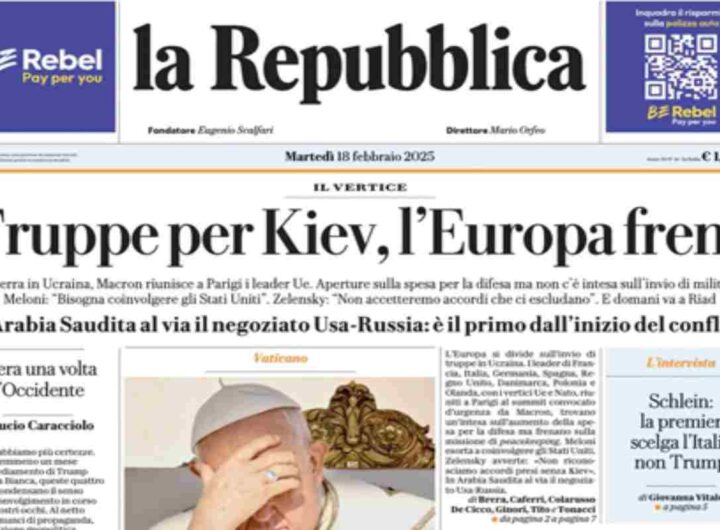 La Repubblica, prima pagina di oggi