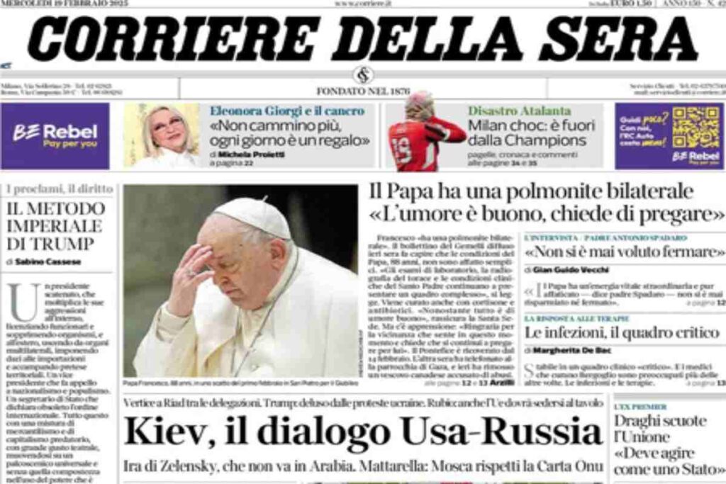 Il Corriere della Sera, la prima pagina di oggi