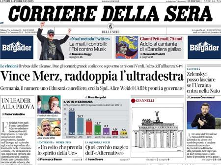 Il Corriere della Sera, la prima pagina di oggi