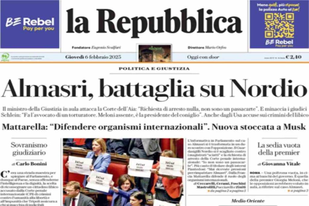 La Repubblica, la prima pagina di oggi